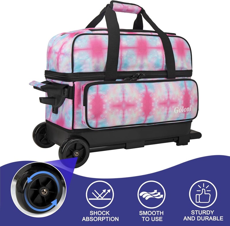 Goloni Double Roller 2 Ball Bowling Bag with Separate Shoe Compartment,2 Ball Bowling Bag with Wheels,Retractable Handle Extends to 40" - Image 4